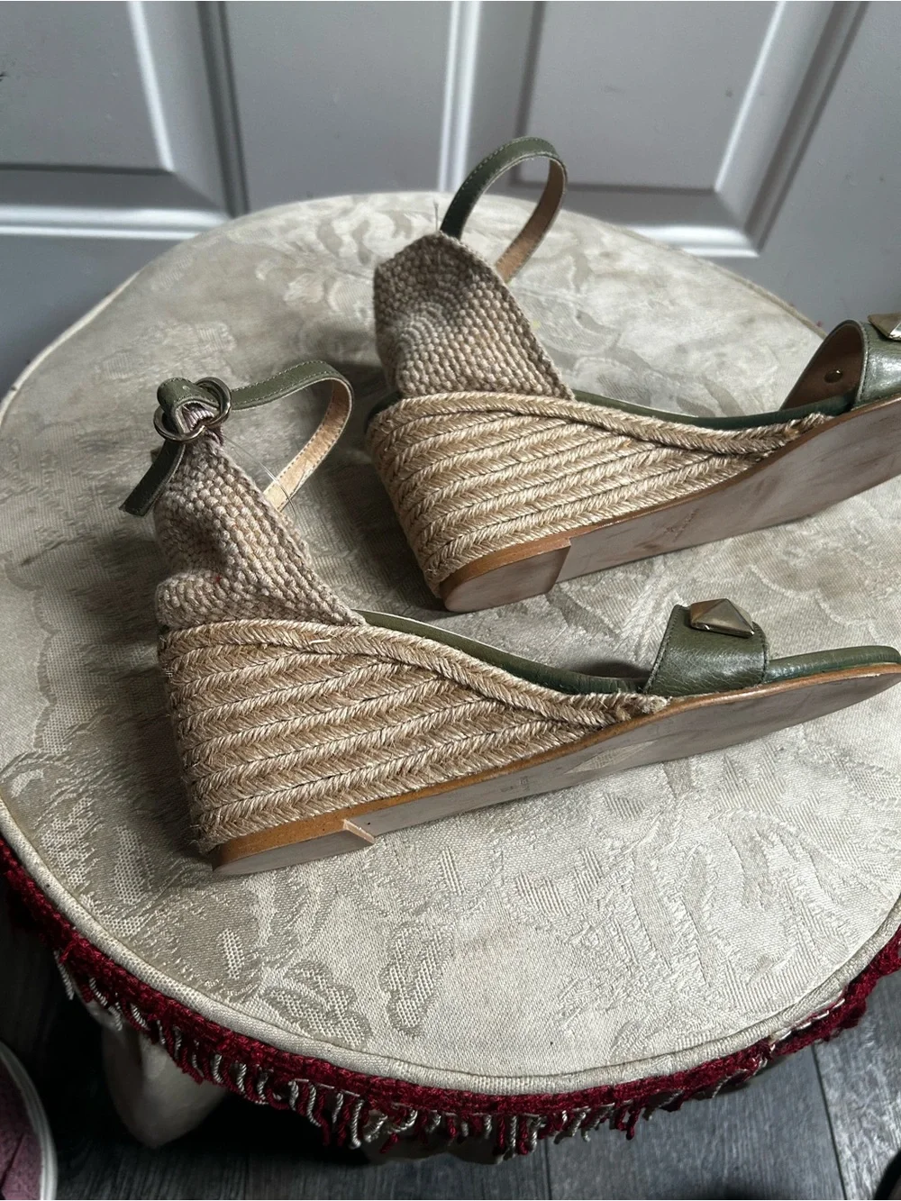 Venise Collection Olive Green Espadrille Wedge Sandals with Ankle Strap Sz 38